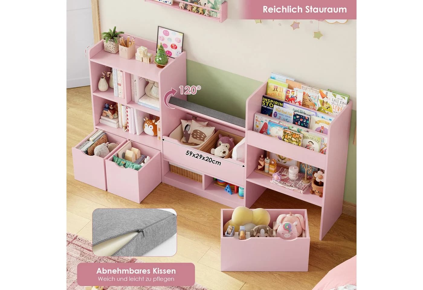 Homfa Sitzbank Kinderregal mit Schubladen und Rädern Weiß/Rosa - Bild 5