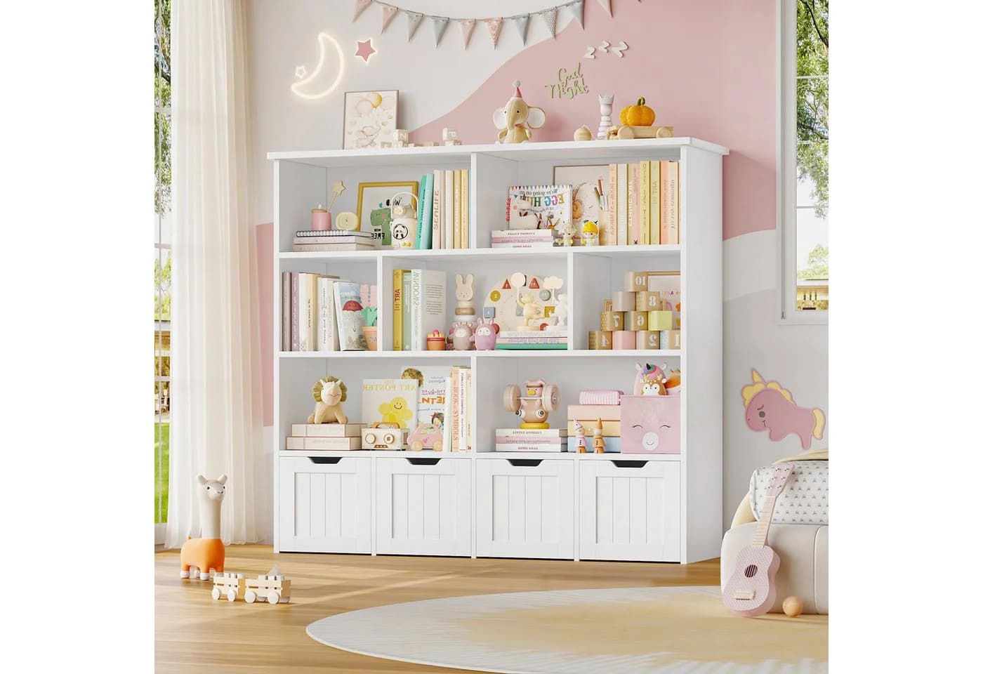 Homfa Kinderregal 4 Spielzeugkisten auf Rollen 7 Fächer 125x118x33cm Weiß