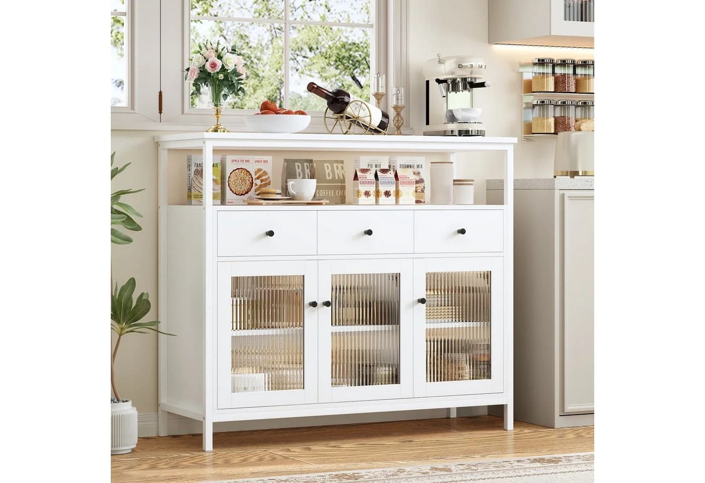 Homfa Sideboard Küchenschrank mit Glastüren und Schubladen, Weiß