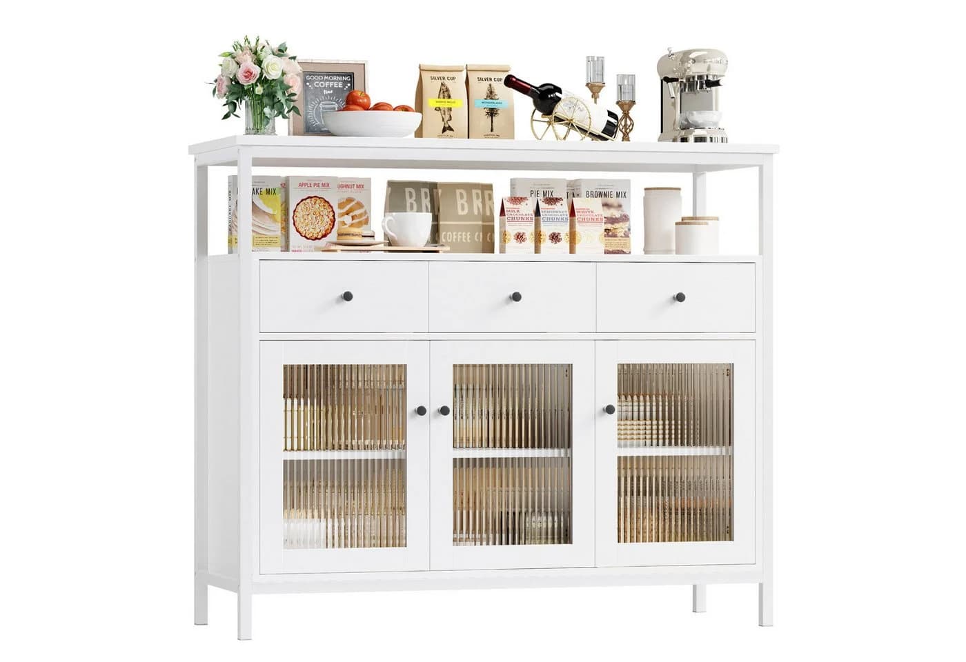 Homfa Sideboard Küchenschrank mit Glastüren und Schubladen, Weiß - Bild 2