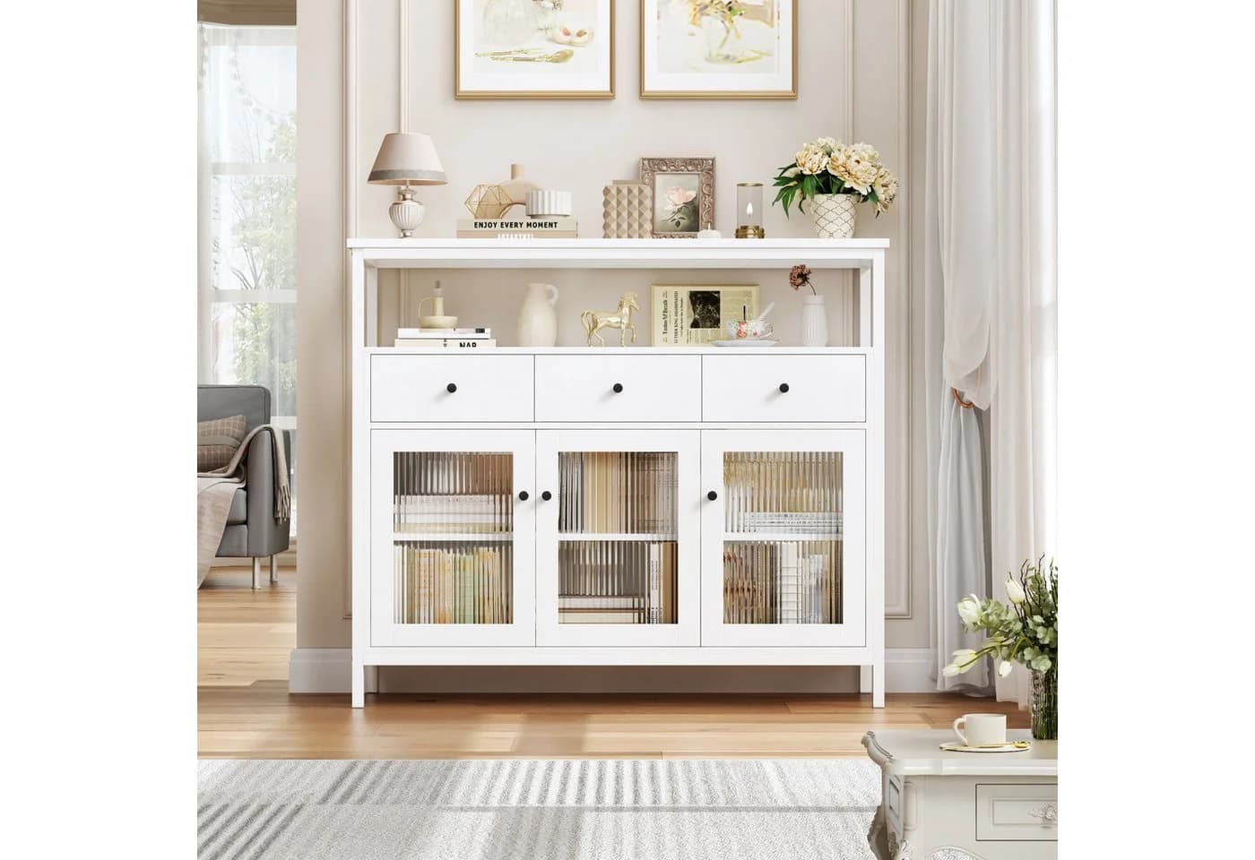 Homfa Sideboard Küchenschrank mit Glastüren und Schubladen, Weiß - Bild 3