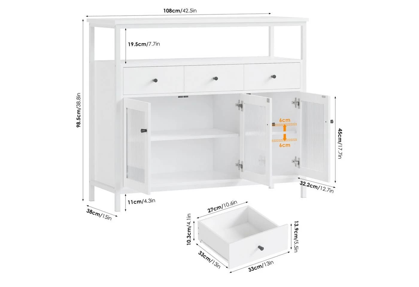 Homfa Sideboard Küchenschrank mit Glastüren und Schubladen, Weiß - Bild 4