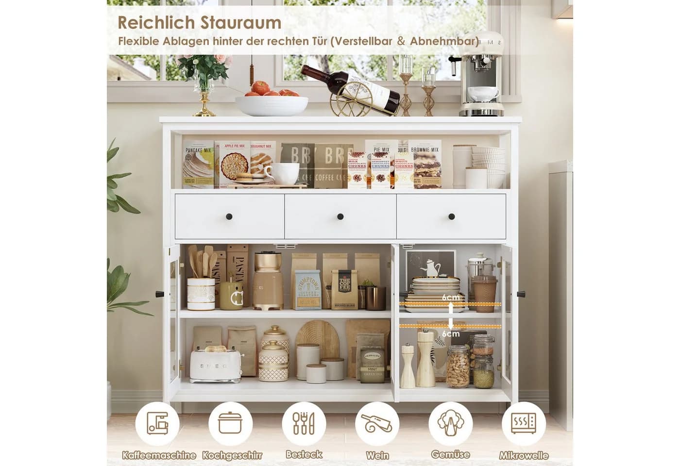 Homfa Sideboard Küchenschrank mit Glastüren und Schubladen, Weiß - Bild 5