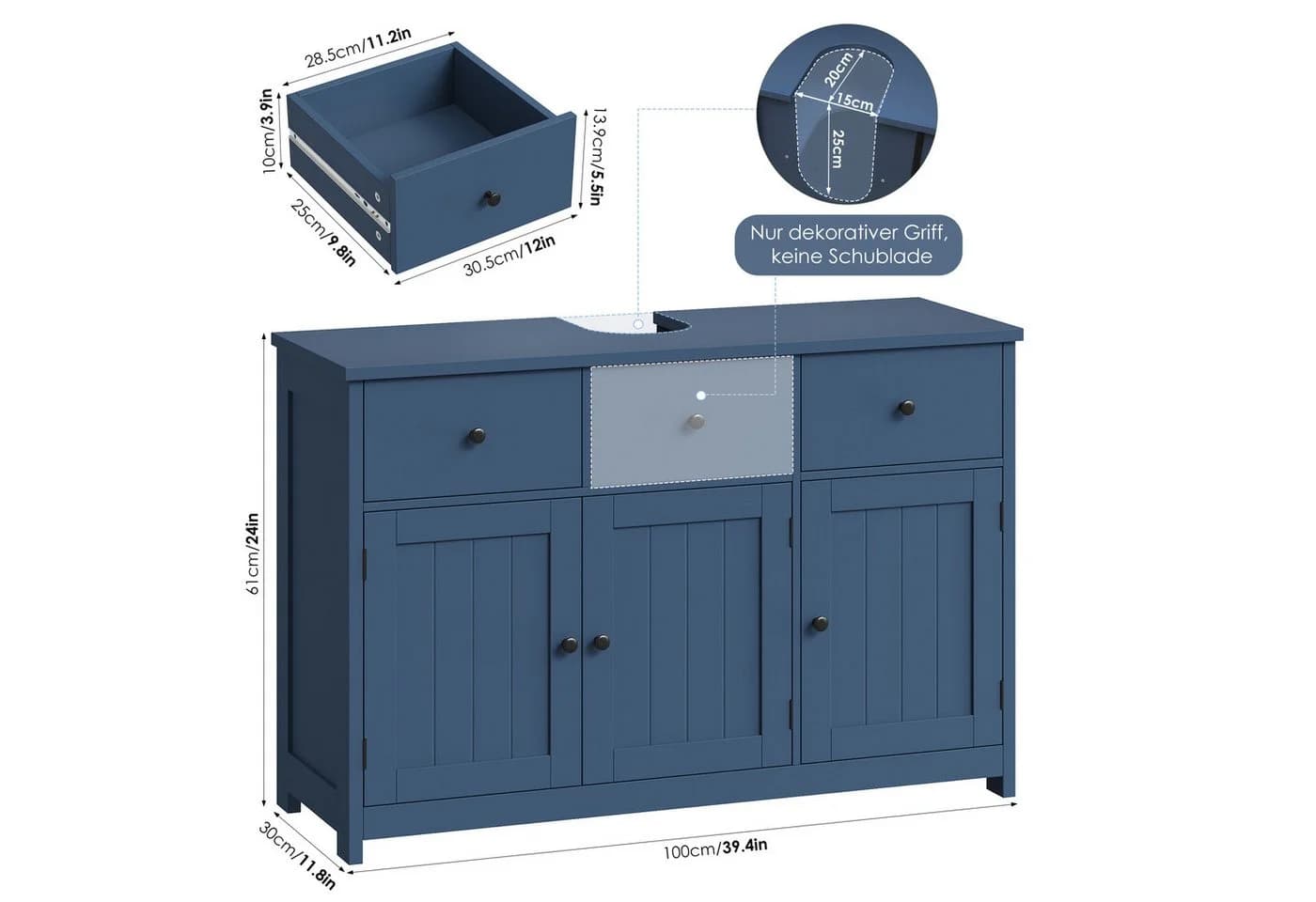 Homfa Waschbeckenunterschrank 100 cm Blau - Bild 3