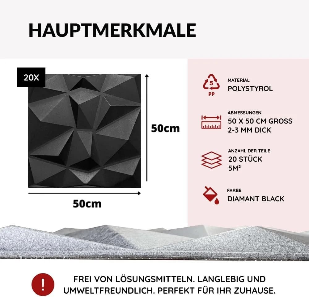 IKHEMalarka 3D Wandpaneel Polystyrol XPS 16-tlg. 4m² Schwarz - Bild 4
