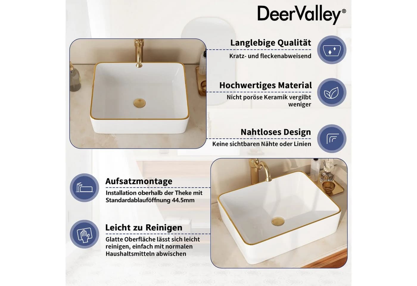 DeerValley Aufsatzwaschbecken Weiß Goldrand Keramik - Bild 3