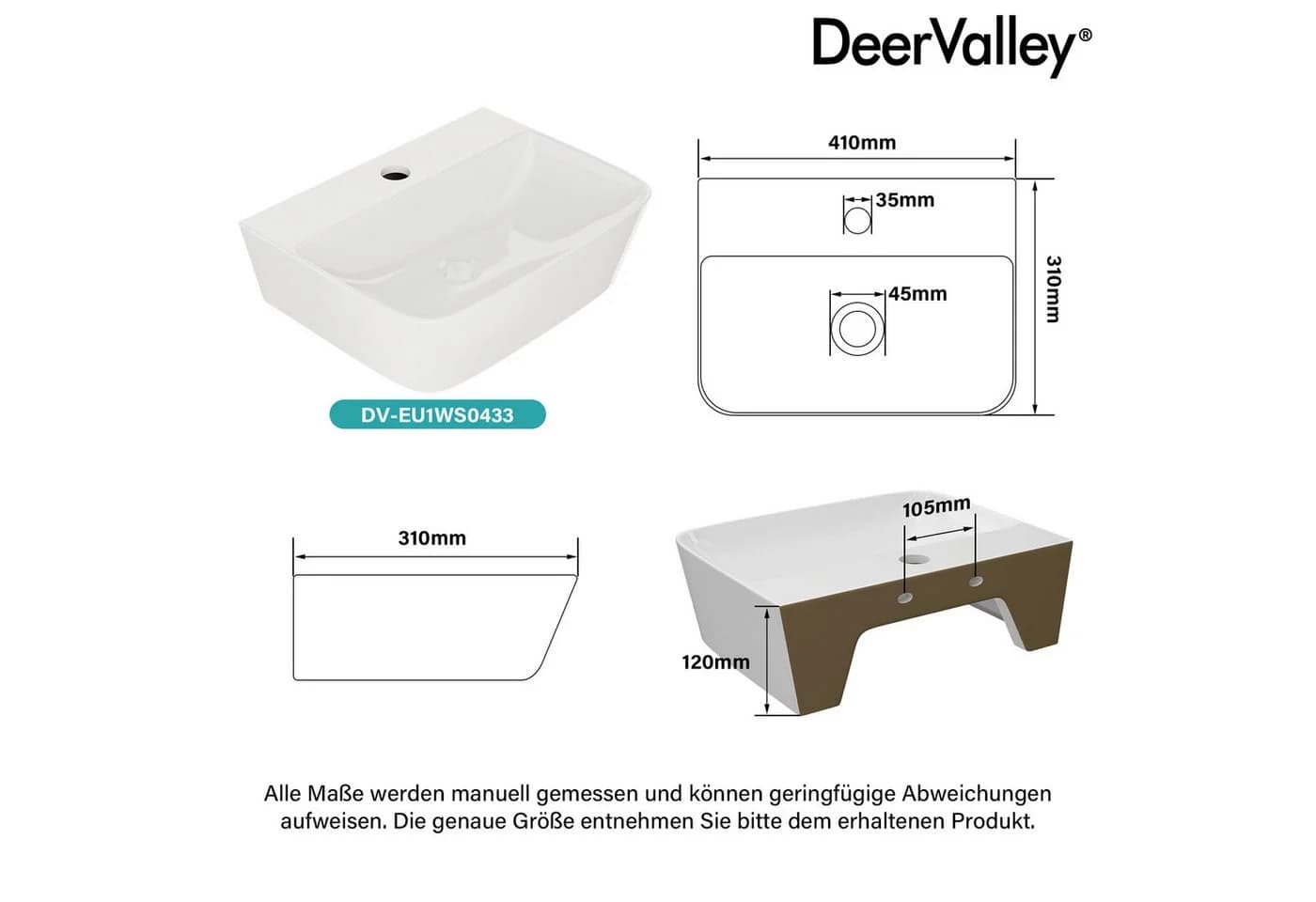 DeerValley Wand-/Aufsatz-Waschbecken Weiß Keramik Mit Ablage - Bild 3