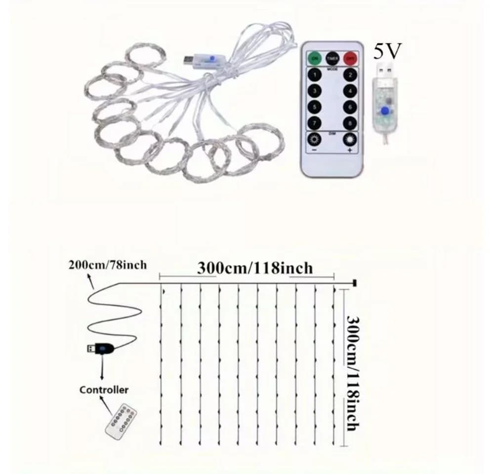 Wrischan Lichtervorhang 3x3m bunt 300 LED USB Fernbedienung