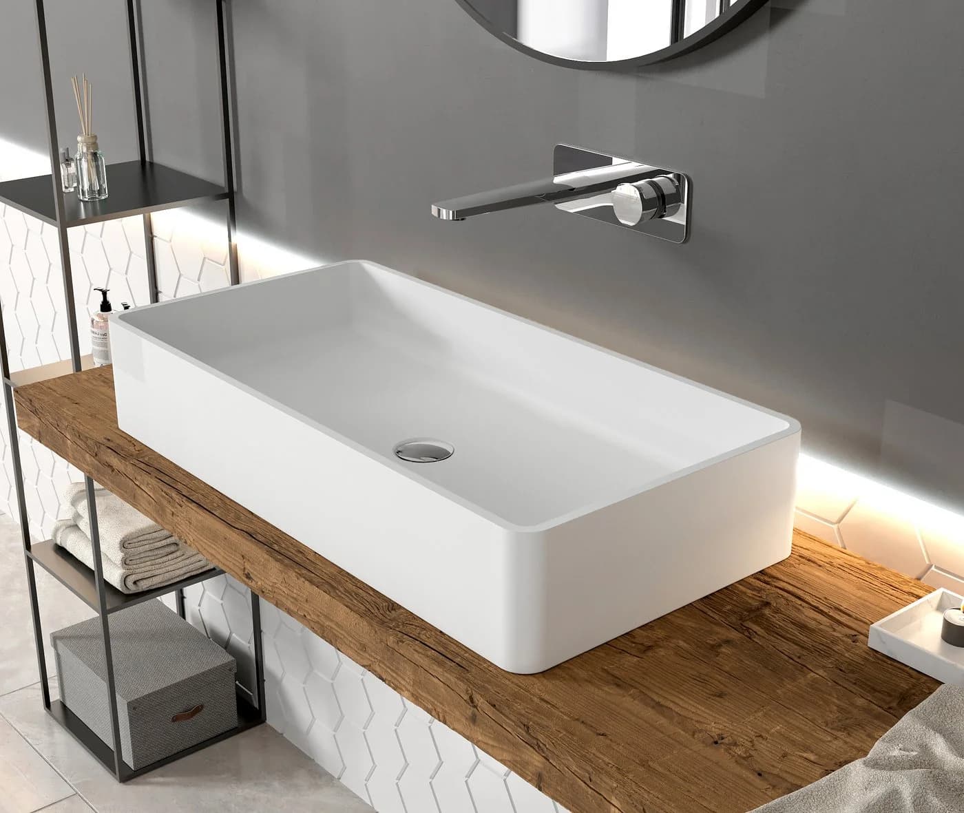 Bernstein Waschbecken PB2013 aus Mineralguss Solid Stone - 80 x 40 x 14,5 cm - Weiß Matt - Bild 2