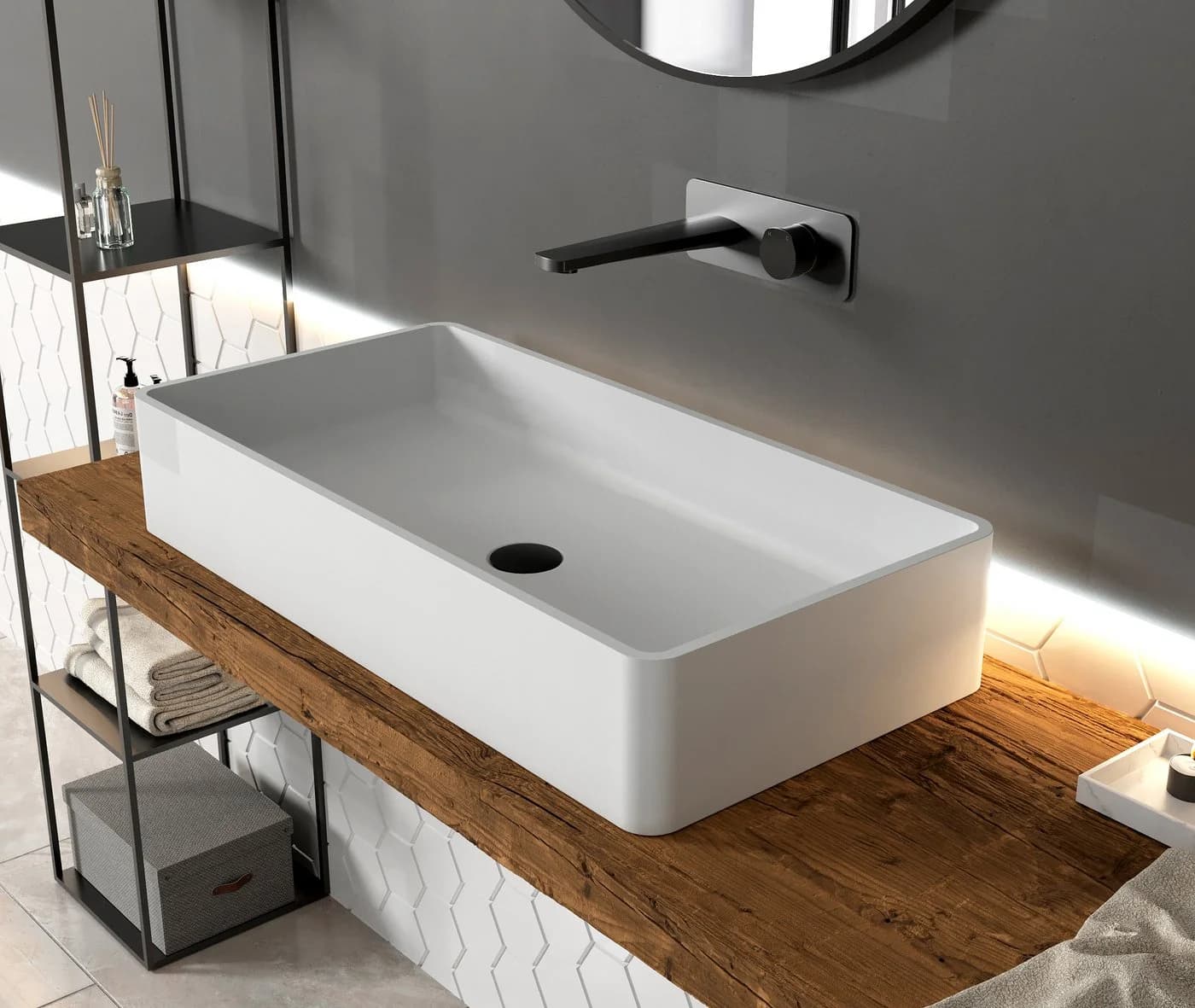 Bernstein Waschbecken PB2013 aus Mineralguss Solid Stone - 80 x 40 x 14,5 cm - Weiß Matt - Bild 4