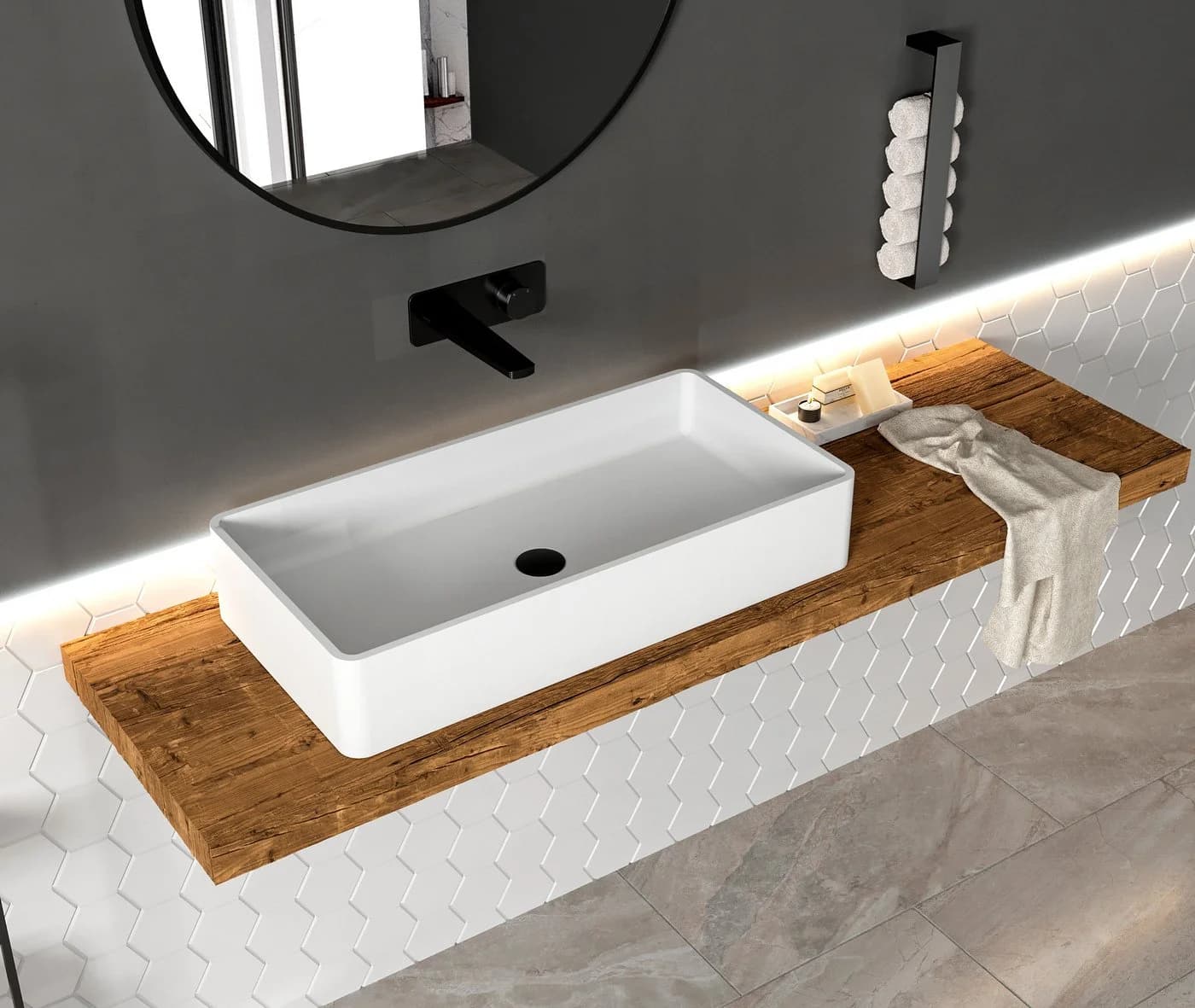 Bernstein Waschbecken PB2013 aus Mineralguss Solid Stone - 80 x 40 x 14,5 cm - Weiß Matt - Bild 5