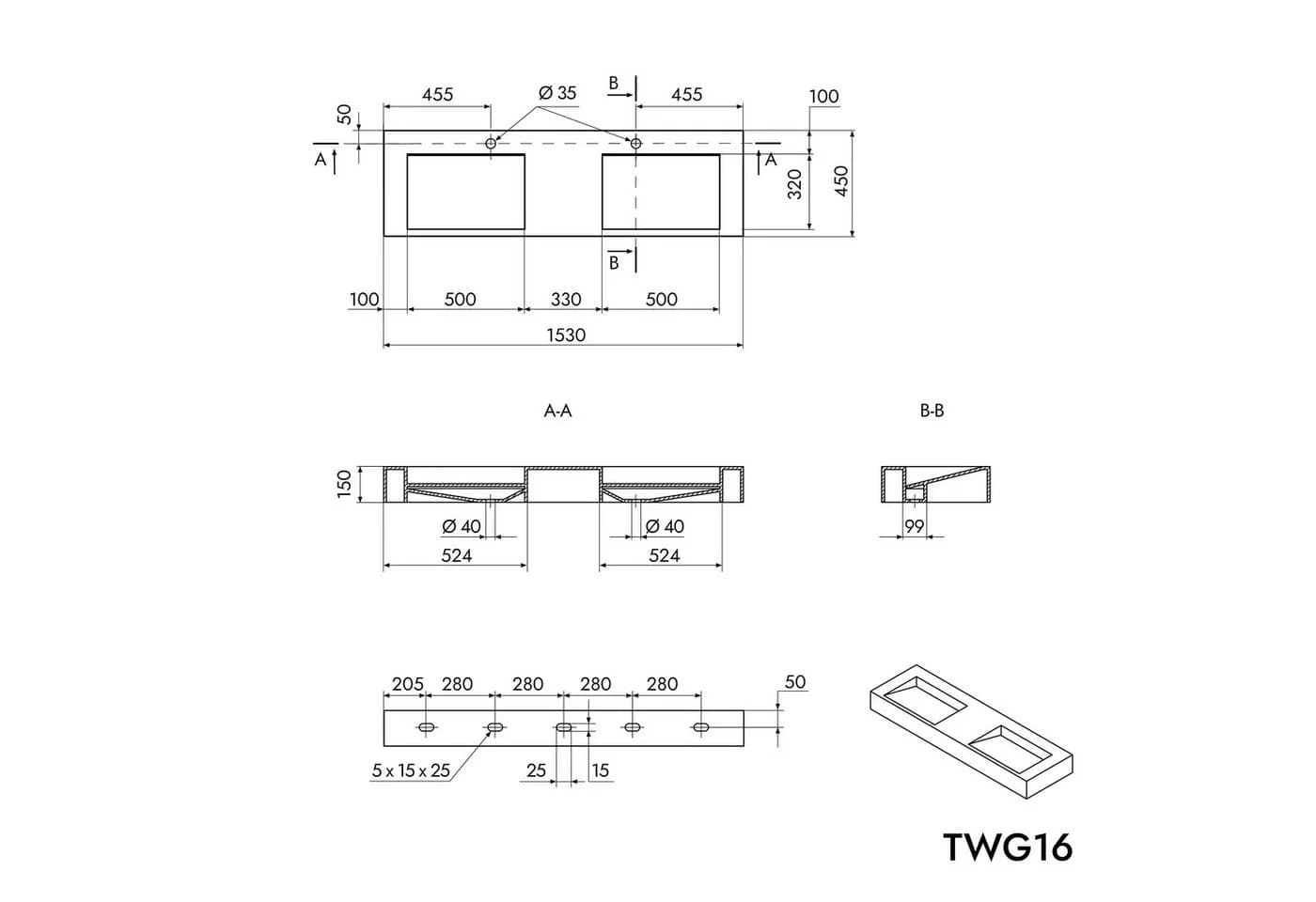 Bernstein Doppelwaschtisch TWG16 Quarz Schwarz Mineralguss - Bild 5