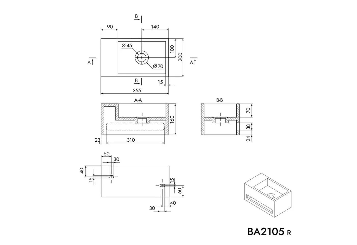 Bernstein Wandwaschbecken BA2105 Weiß matt mit Ablage - Bild 5