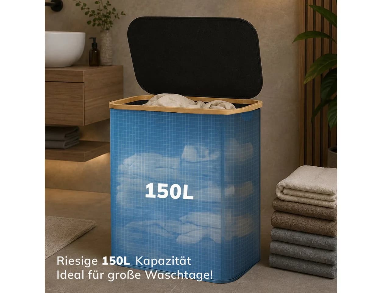 Roxlin Wäschekorb 150L faltbar mit Deckel Schwarz Grau