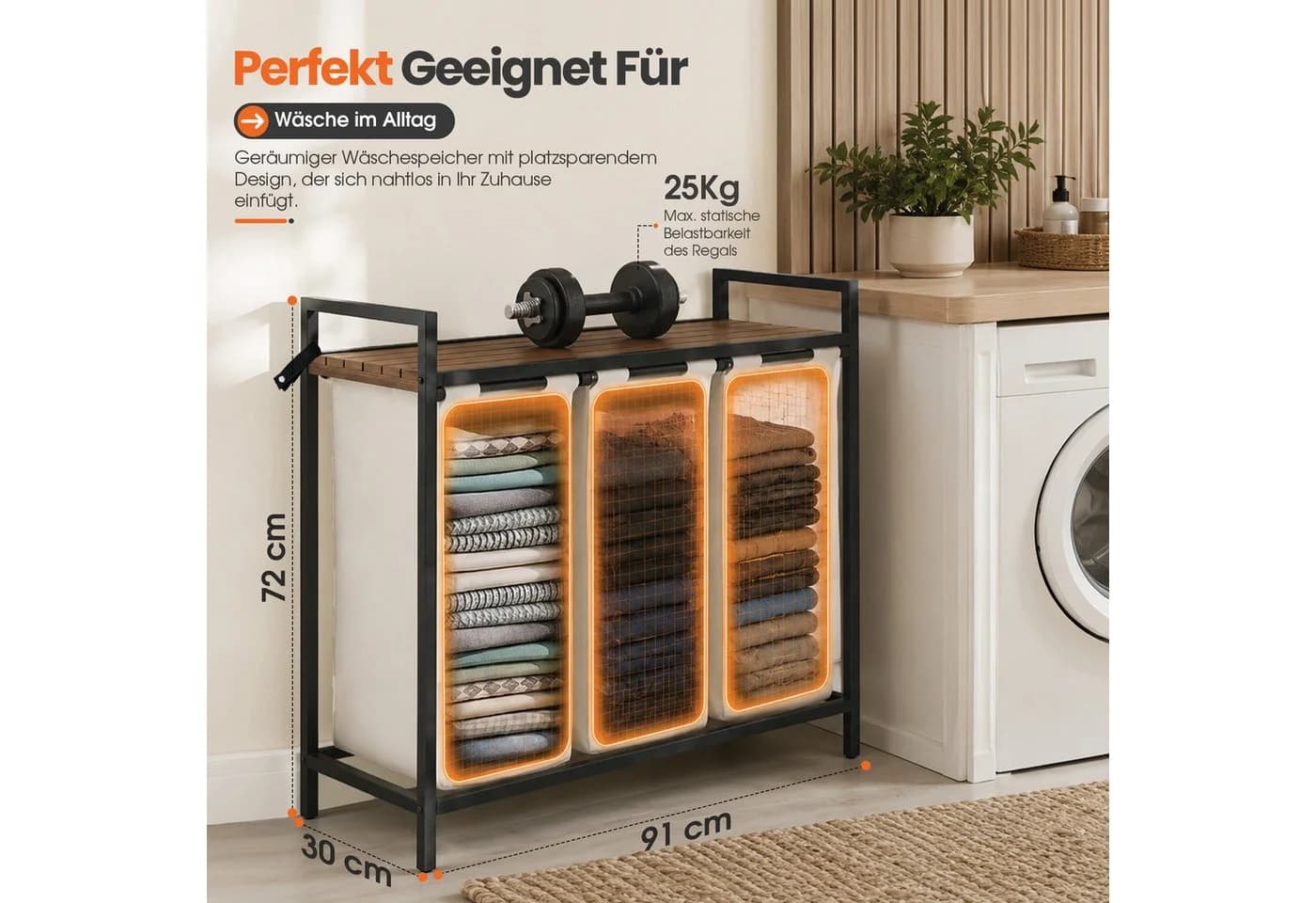 Roxlin Wäschekorb mit 2/3 Fächern und Ablage Beige