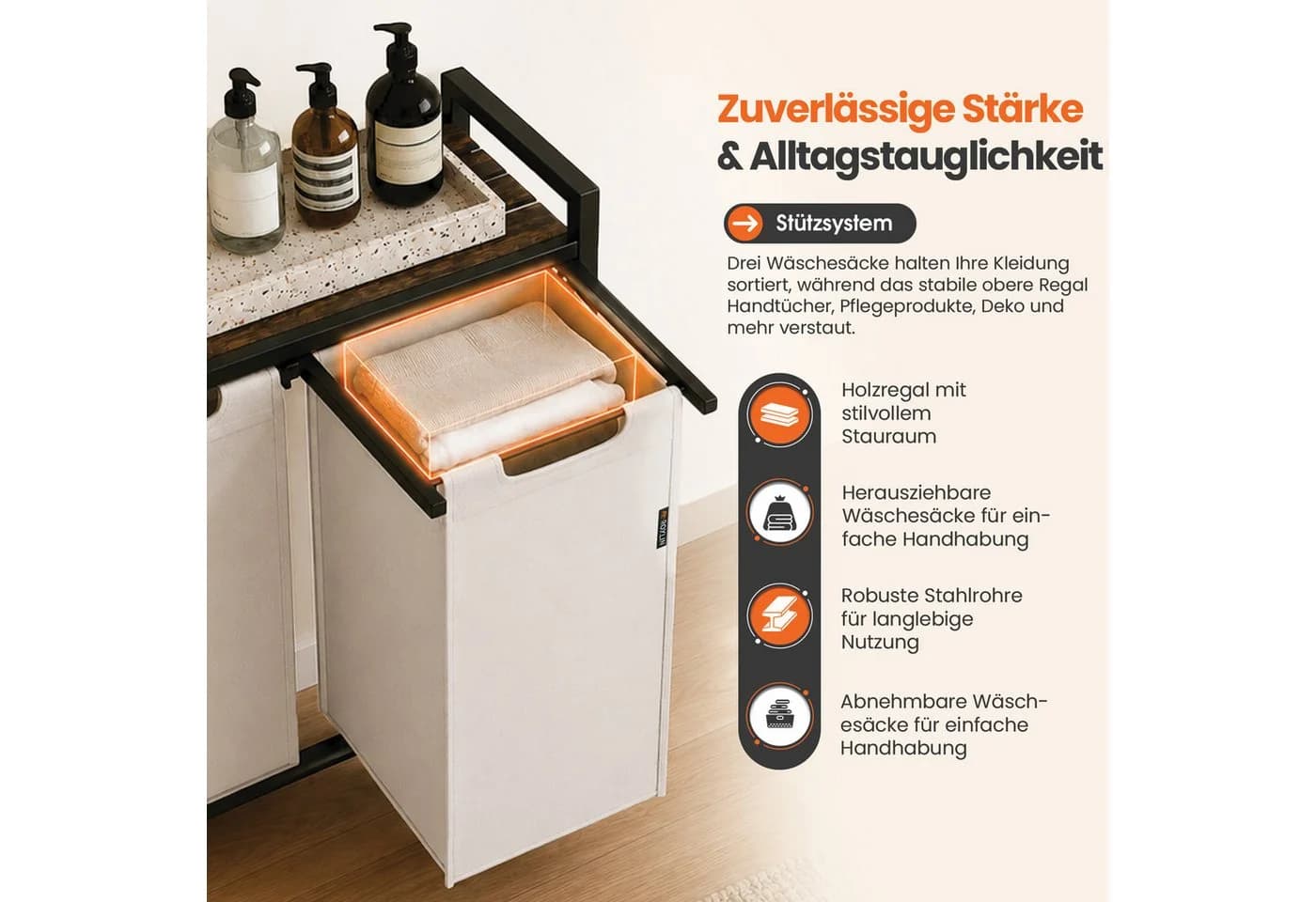 Roxlin Wäschekorb mit 2/3 Fächern und Ablage Beige - Bild 3