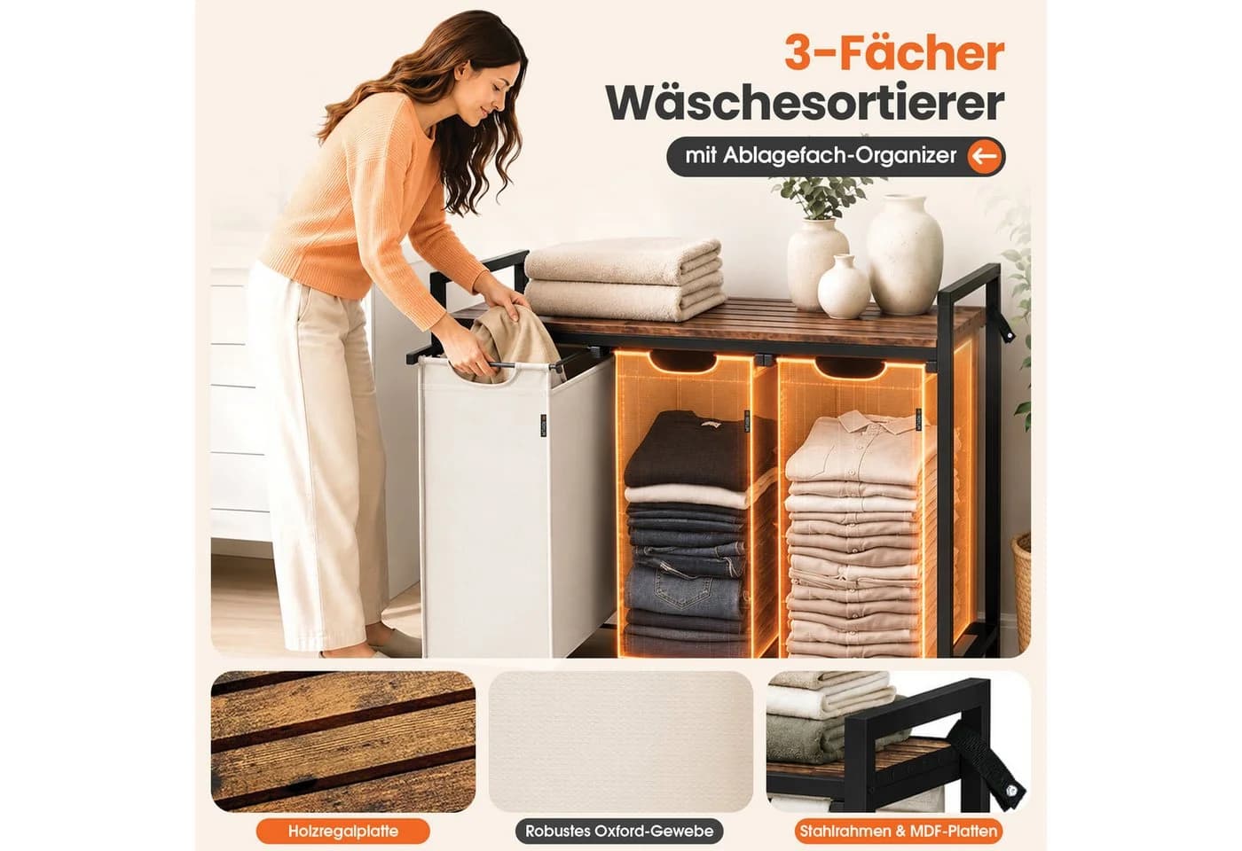 Roxlin Wäschekorb mit 2/3 Fächern und Ablage Beige - Bild 5