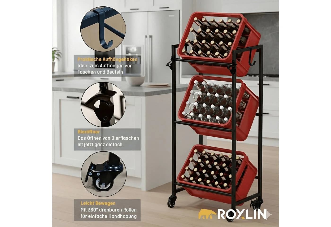 Roxlin Getränkekistenregal Metall mit Rollen und Bieröffner - Bild 5