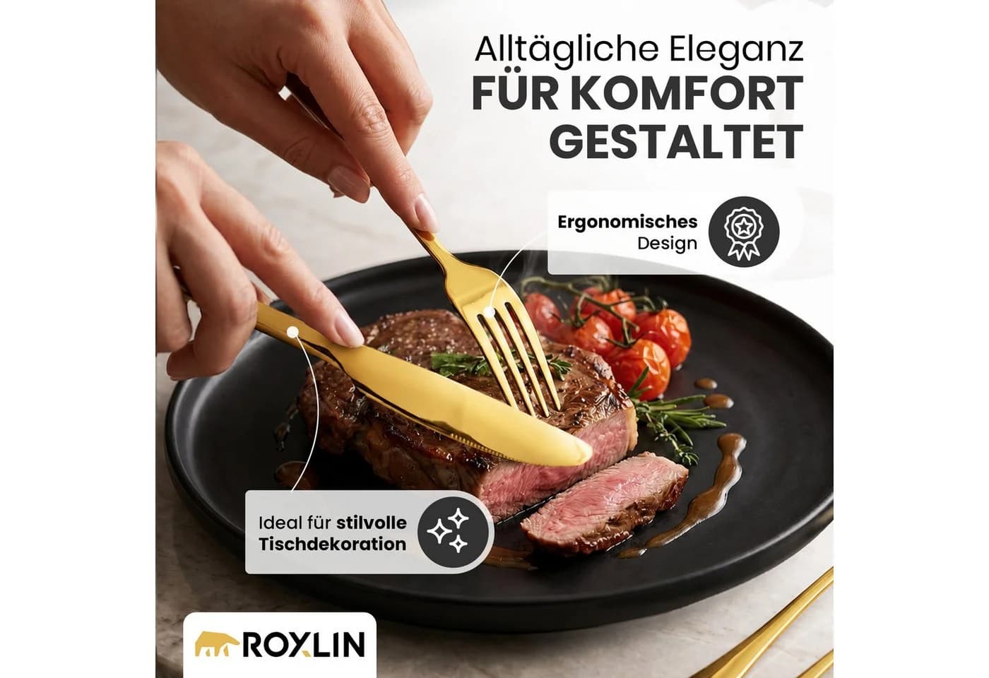 Roxlin Besteckset 30-tlg. Plain Design Edelstahl Gold/Schwarz/Silber - Bild 5