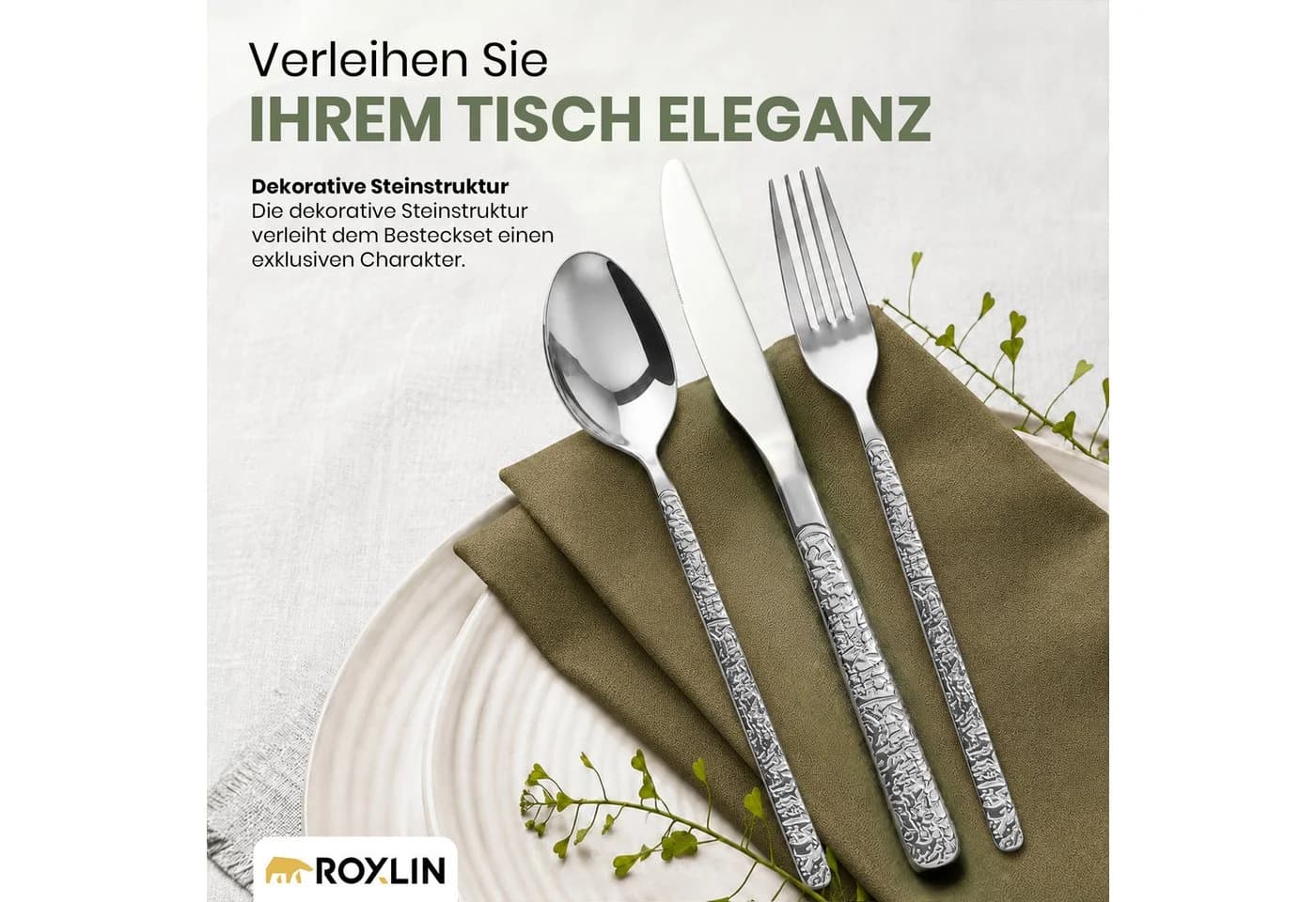 Roxlin Besteckset 30-tlg. Stein Design Edelstahl Gold/Schwarz/Silber - Bild 3