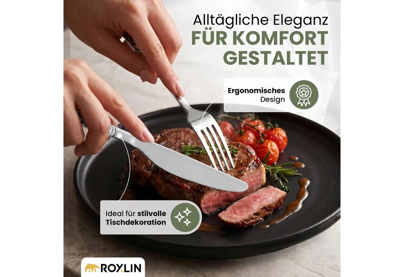 Roxlin Besteckset 30-tlg. Stein Design Edelstahl Gold/Schwarz/Silber - Bild 5