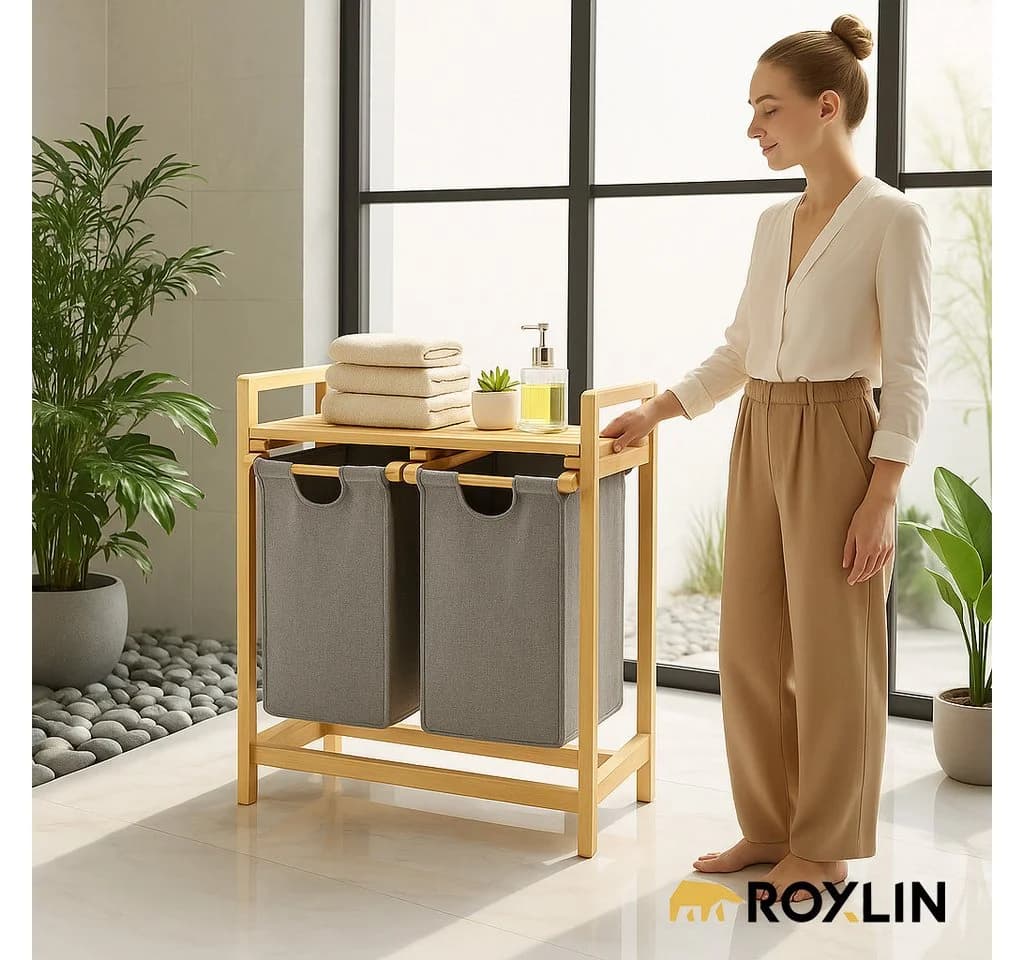 Roxlin Wäschekorb Bambus 100L 2 Fächer Grau