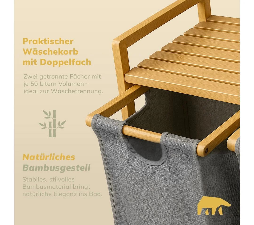 Roxlin Wäschekorb Bambus 100L 2 Fächer Grau - Bild 3
