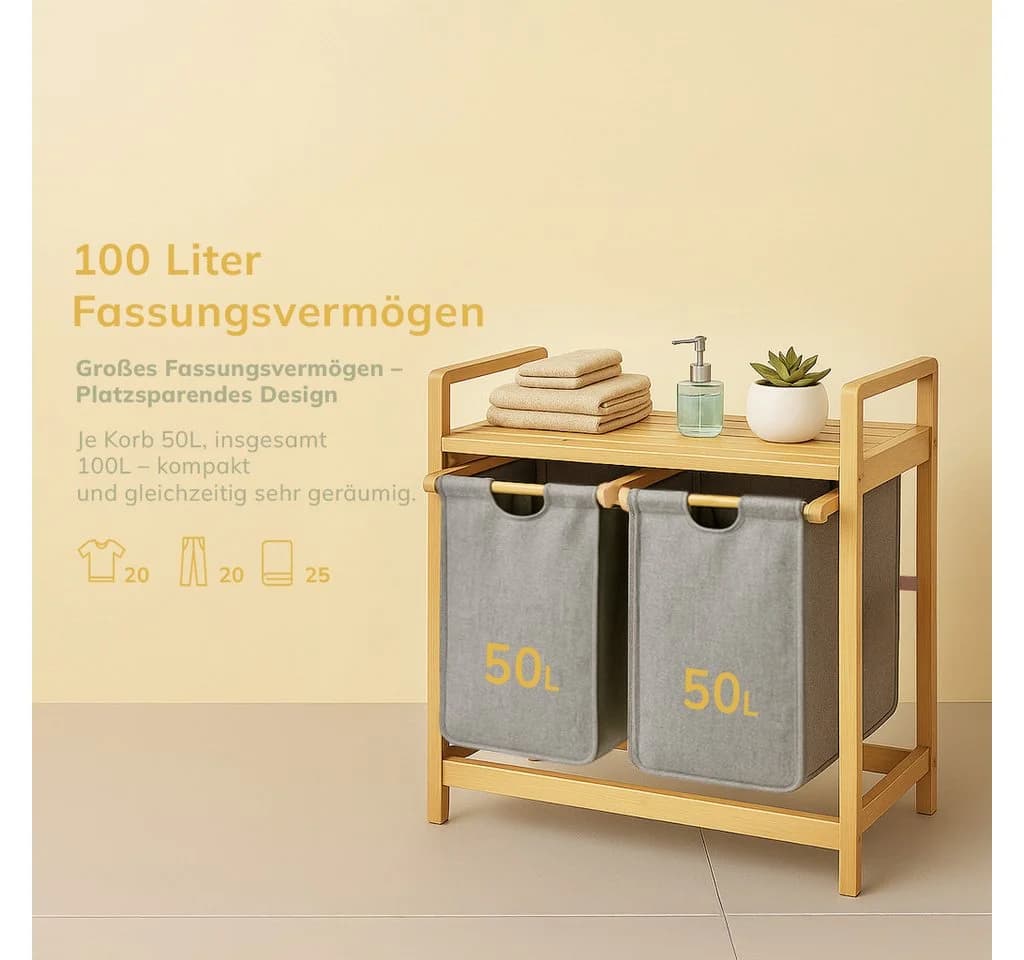 Roxlin Wäschekorb Bambus 100L 2 Fächer Grau - Bild 4