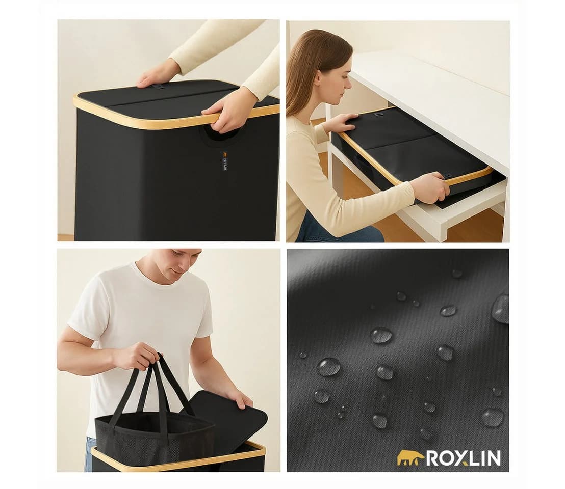 Roxlin Wäschekorb 150L mit Deckel & 2 Taschen, faltbar & wasserdicht