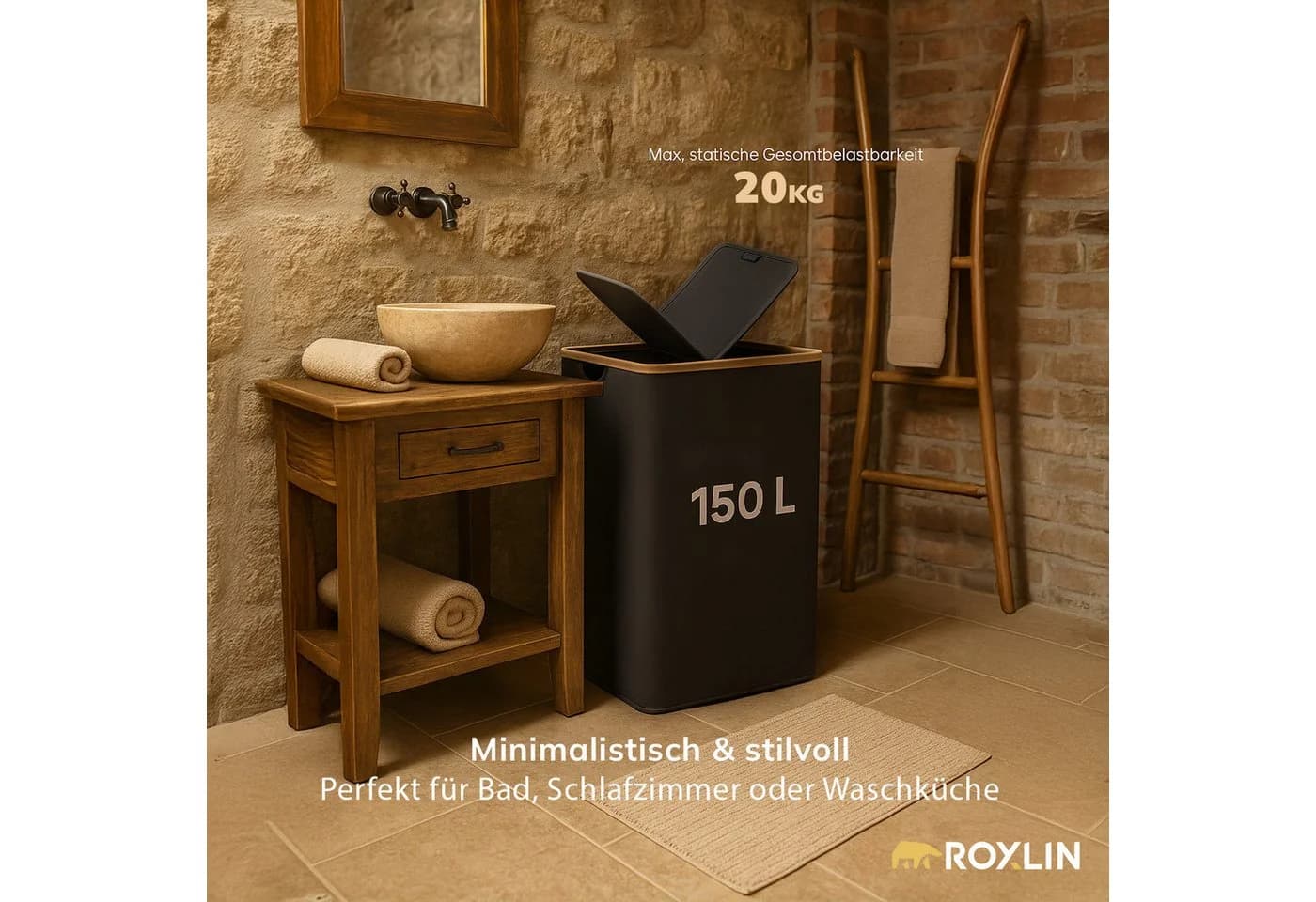 Roxlin Wäschekorb 150L mit Deckel & 2 Taschen, faltbar & wasserdicht - Bild 3