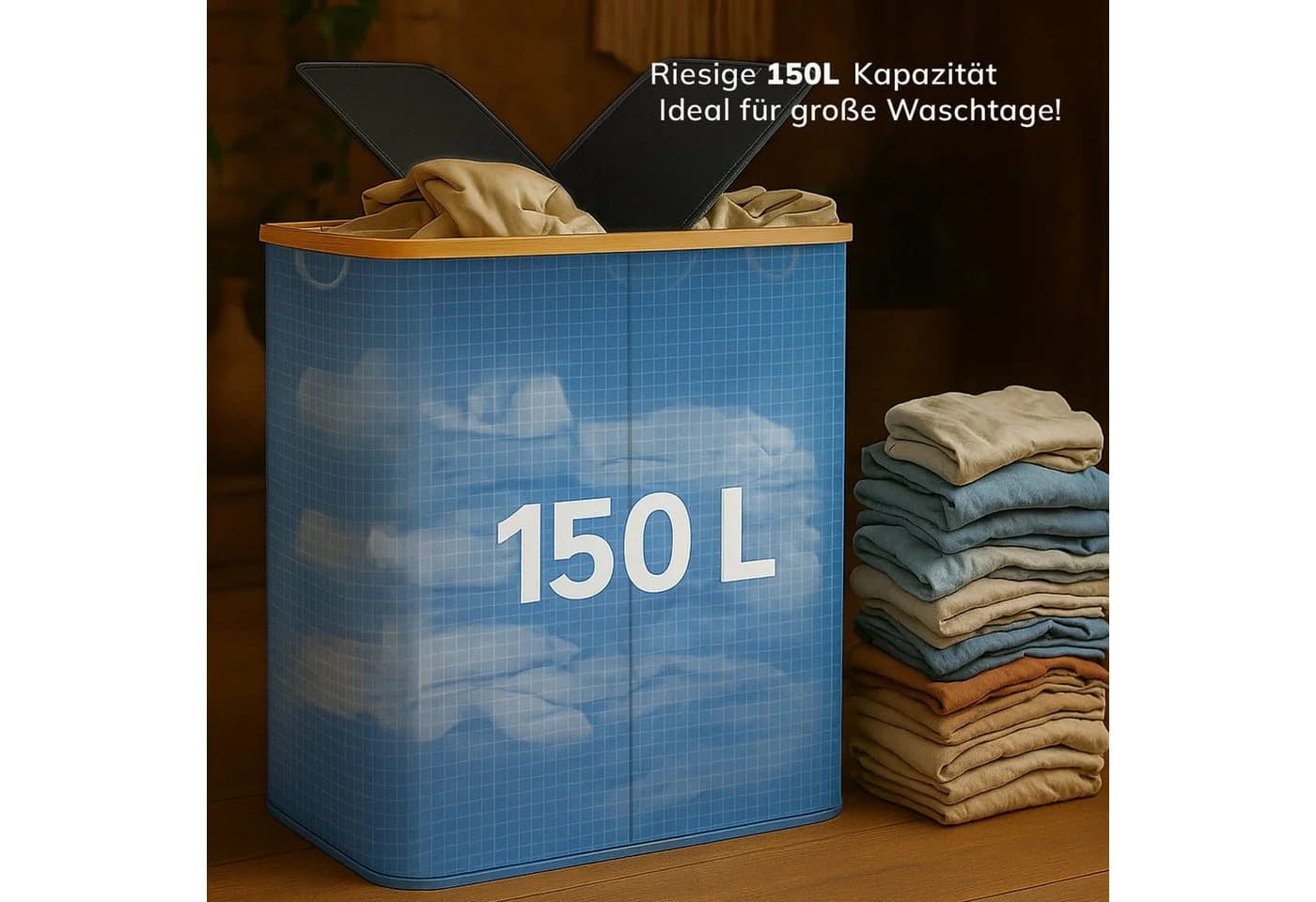Roxlin Wäschekorb 150L mit Deckel & 2 Taschen, faltbar & wasserdicht - Bild 4