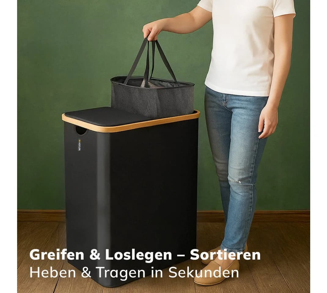 Roxlin Wäschekorb 150L mit Deckel & 2 Taschen, faltbar & wasserdicht - Bild 5