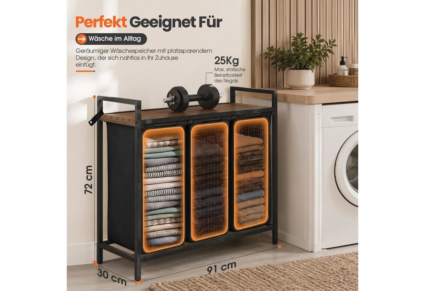 Roxlin Wäschekorb 3 Fächer – Wäschesammler mit Deckel & Ablage
