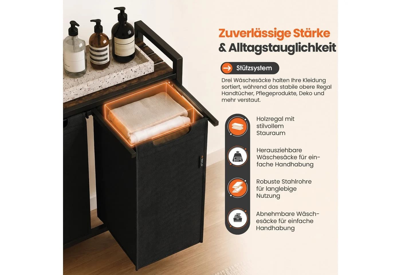 Roxlin Wäschekorb 3 Fächer – Wäschesammler mit Deckel & Ablage - Bild 3