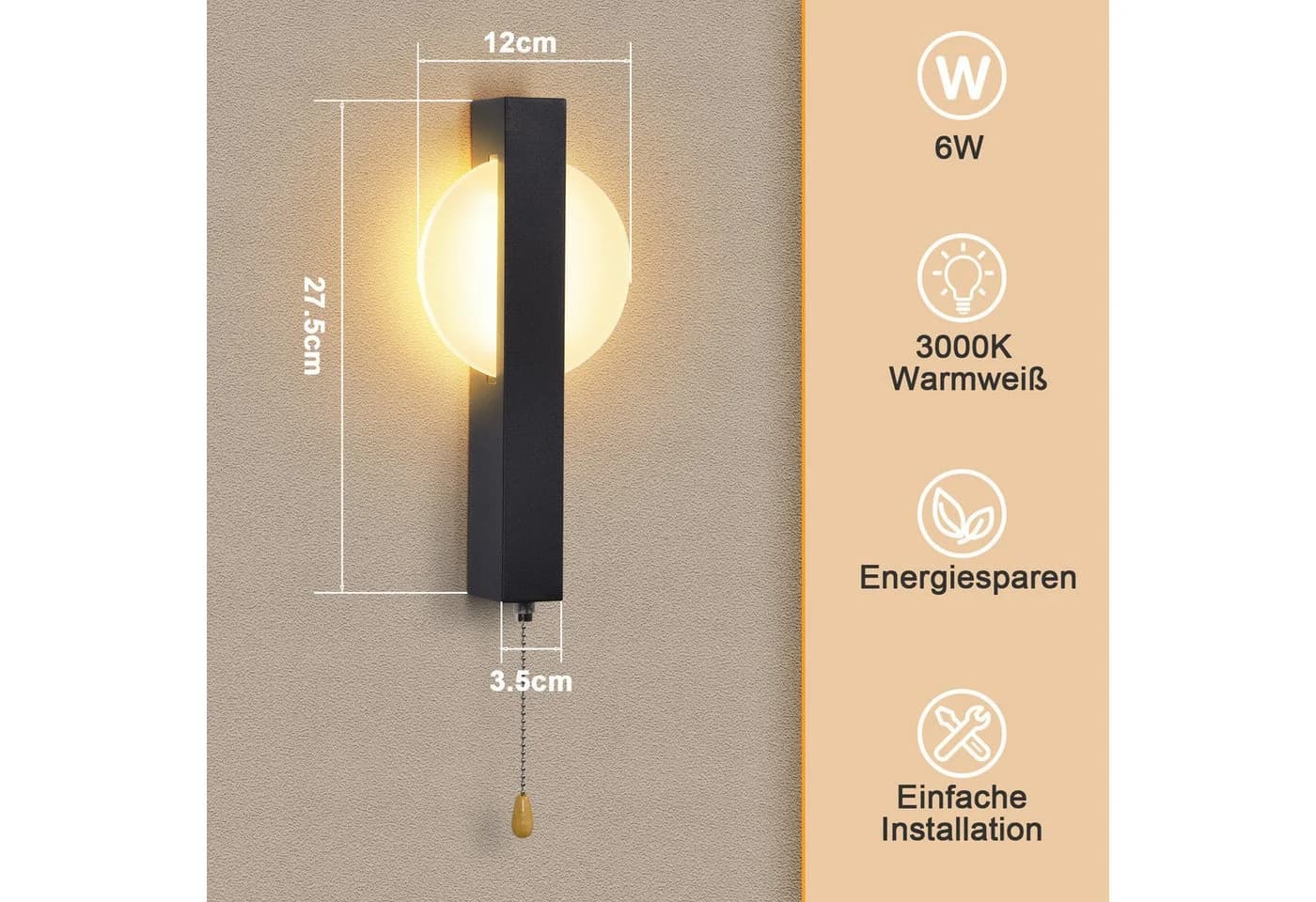 ZMH LED Wandleuchte Innen Wandlampe mit Schalter 3000K Warmweiß - Bild 3
