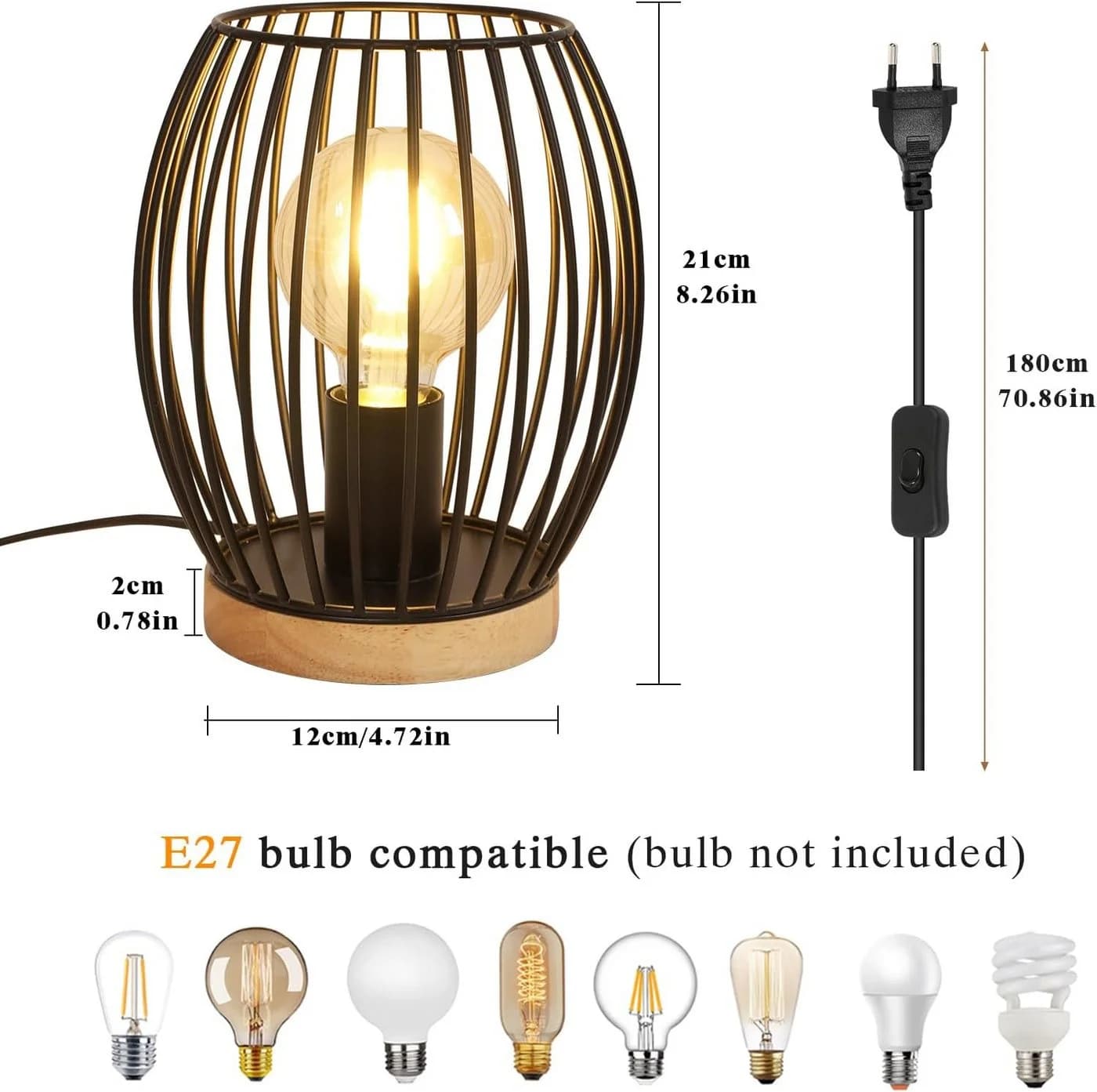 Riserva Retro Tischlampe Schwarz E27 Fassung Holz Basis - Bild 4