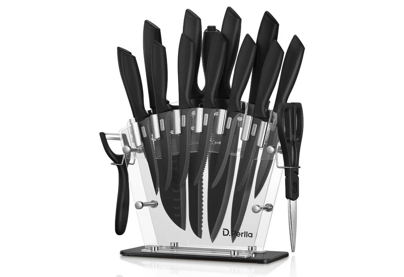 D.Perlla 16-teiliges Küchenmesserset aus Edelstahl mit Messerblock Schwarz - Bild 2