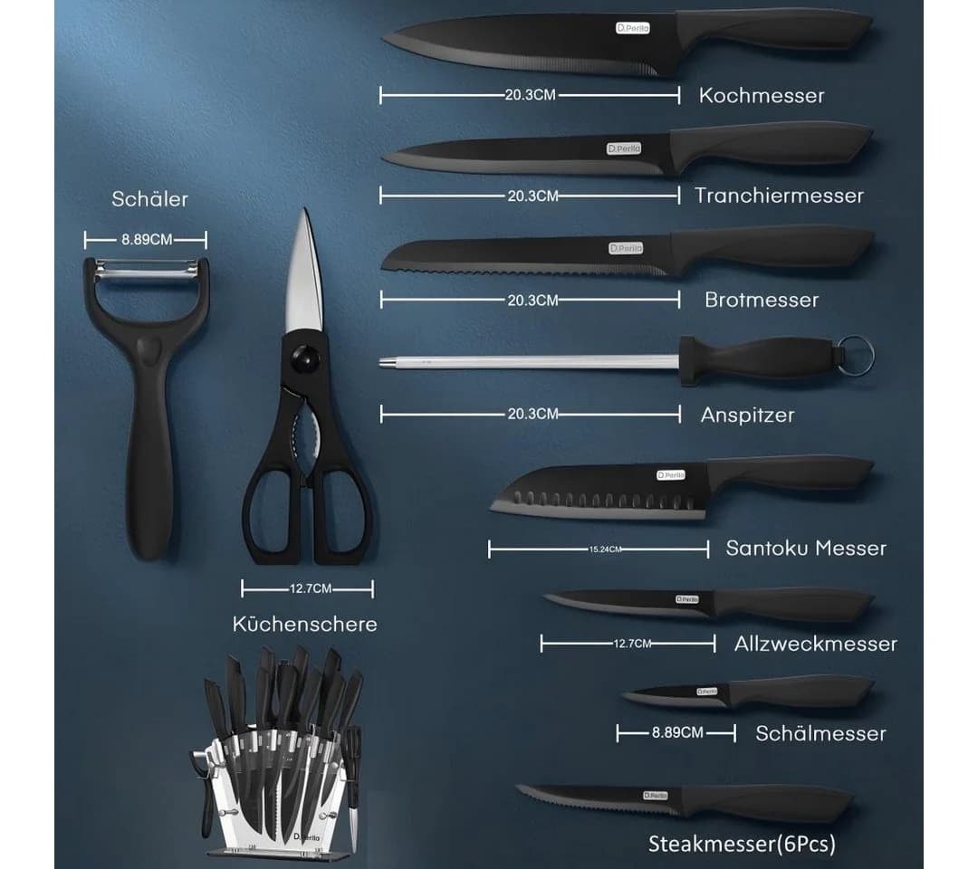 D.Perlla 16-teiliges Küchenmesserset aus Edelstahl mit Messerblock Schwarz - Bild 4