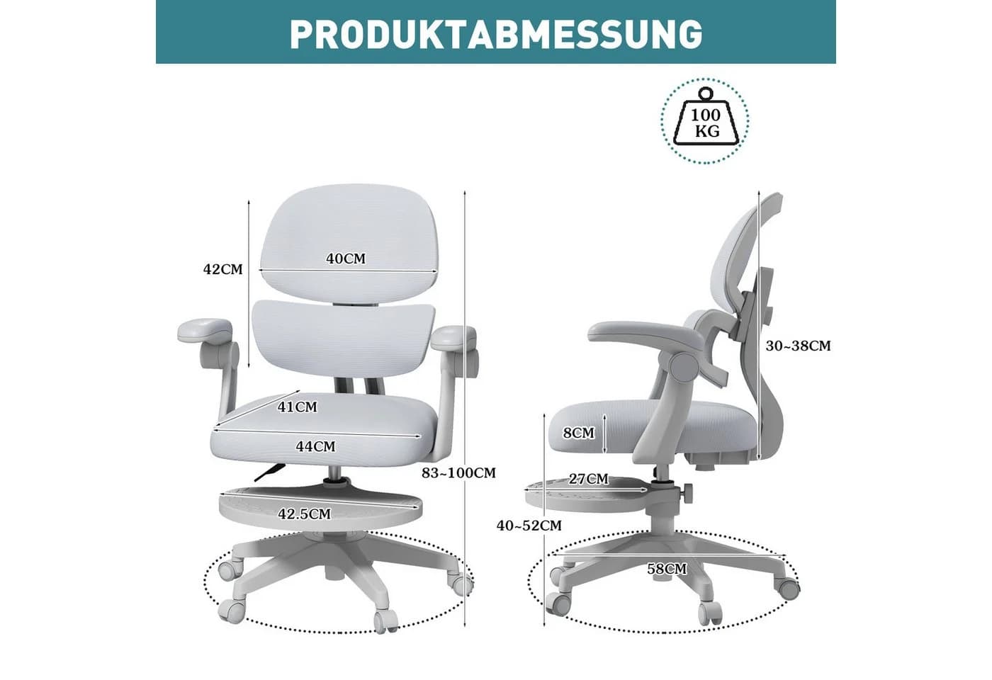 JOYLDIAS Ergonomischer Kinderstuhl Grau mit verstellbarer Rückenlehne