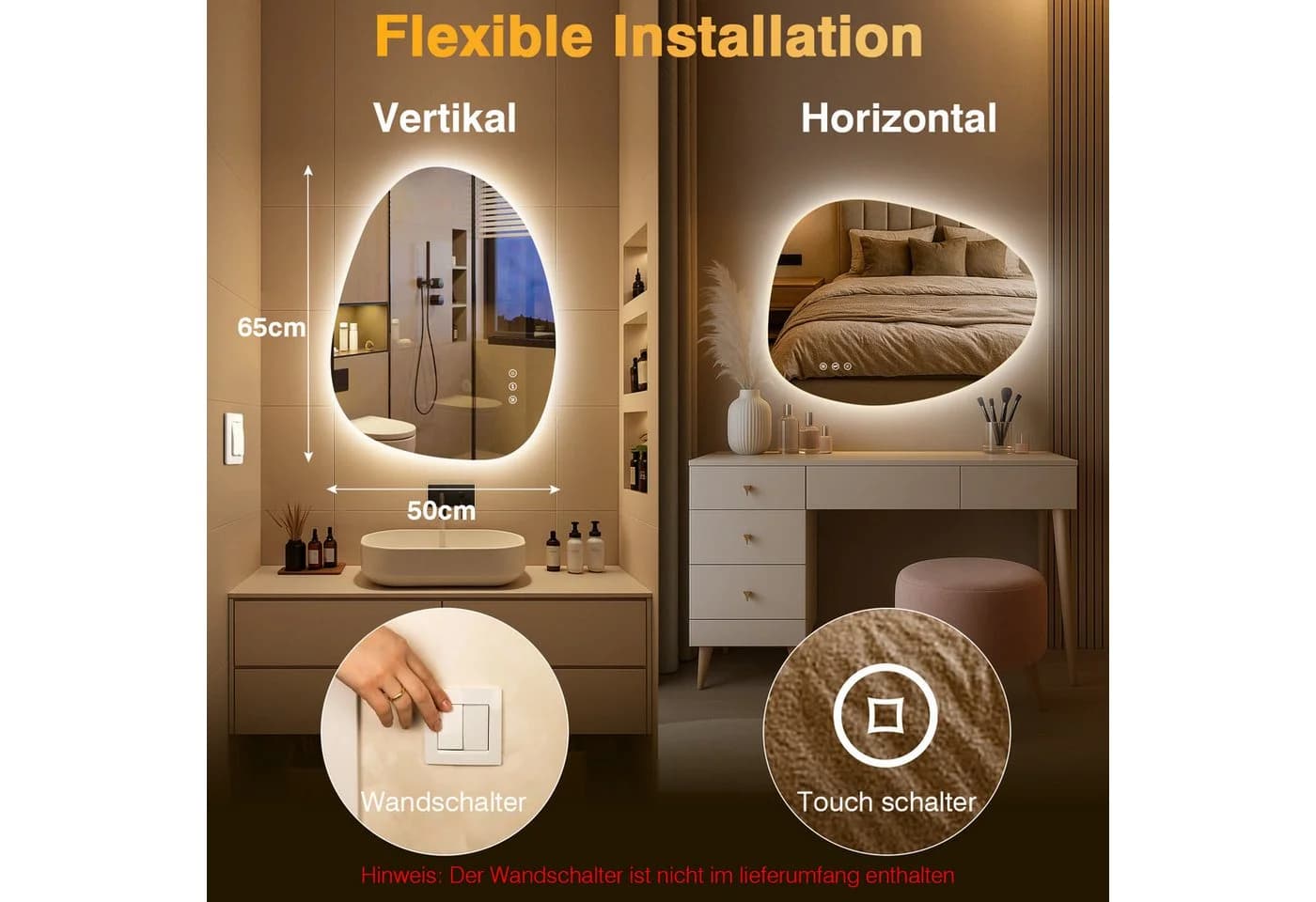 PESENXAN Badspiegel LED Spiegel Silber 60x50cm
