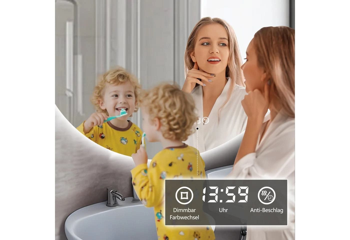 PESENXAN LED Badspiegel rund 60cm Silber dimmbar Anti-Beschlag Uhr