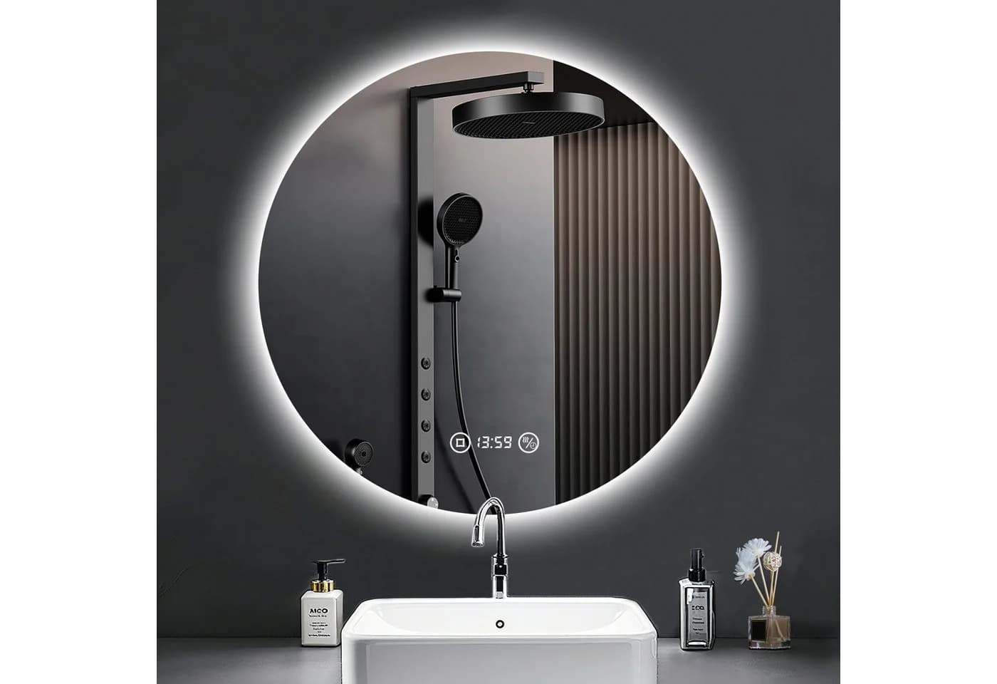 PESENXAN LED Badspiegel rund 60cm Silber dimmbar Anti-Beschlag Uhr - Bild 2