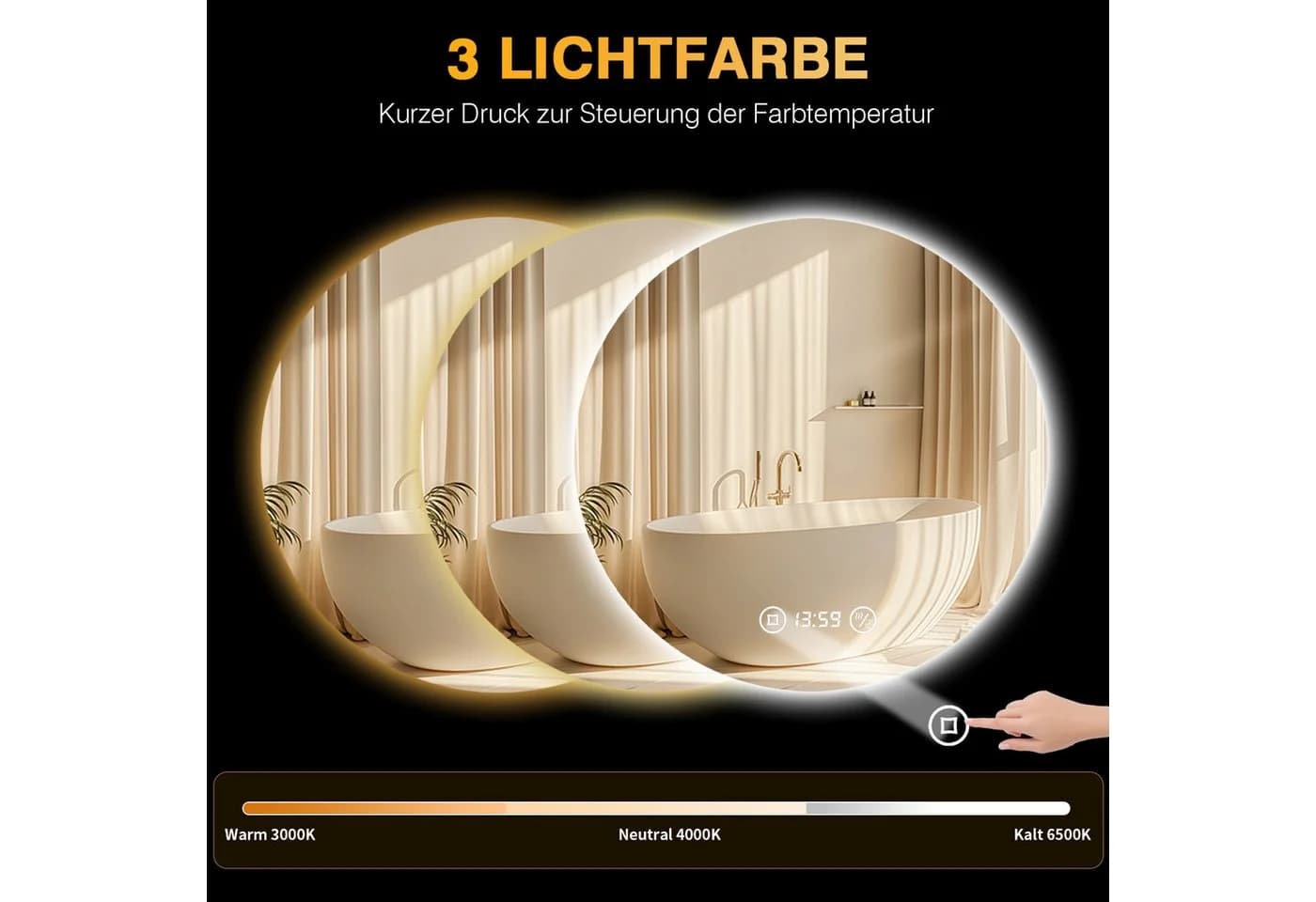 PESENXAN LED Badspiegel rund 60cm Silber dimmbar Anti-Beschlag Uhr - Bild 3