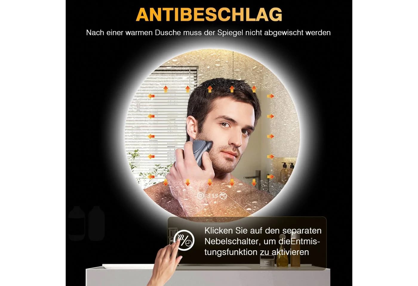 PESENXAN LED Badspiegel rund 60cm Silber dimmbar Anti-Beschlag Uhr - Bild 5