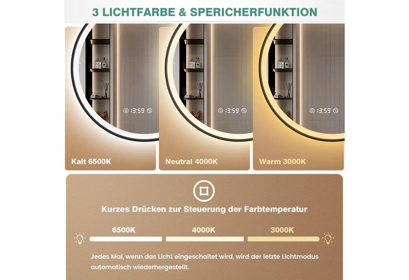 PESENXAN Runder LED Badspiegel Schwarz Dimmbar 3 Lichtfarben - Bild 4