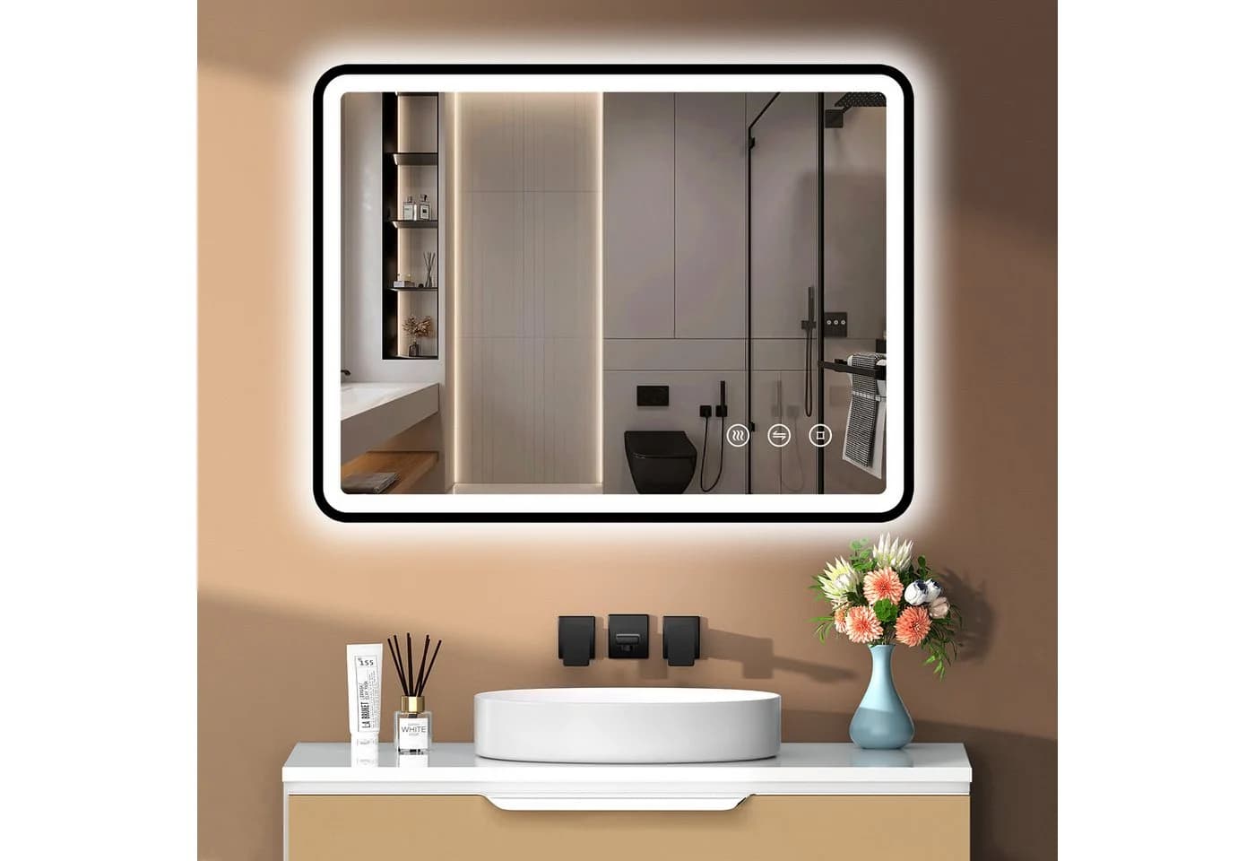 PESENXAN Badspiegel mit Beleuchtung 80 x 60 cm Schwarz LED Badezimmerspiegel - Bild 2