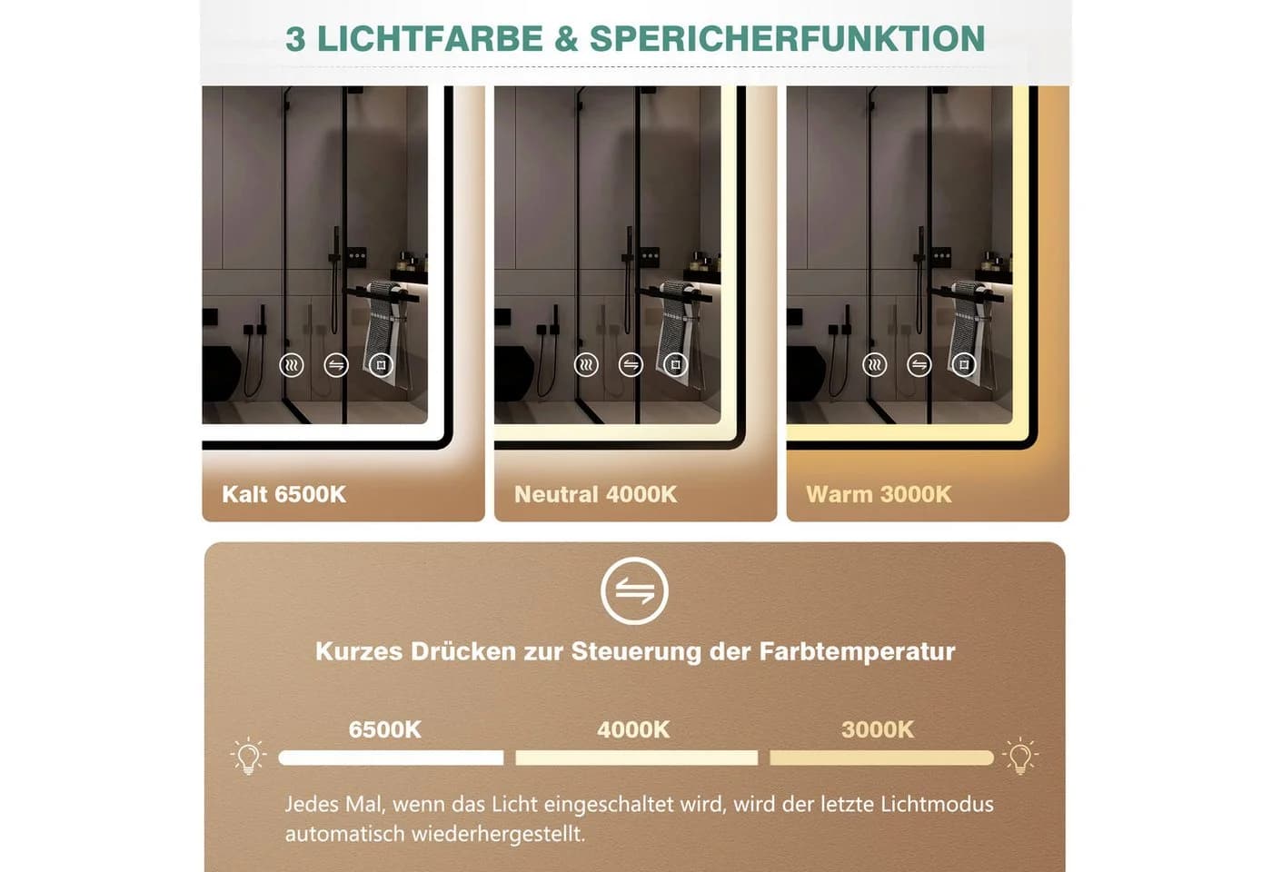 PESENXAN Badspiegel mit Beleuchtung 80 x 60 cm Schwarz LED Badezimmerspiegel - Bild 3