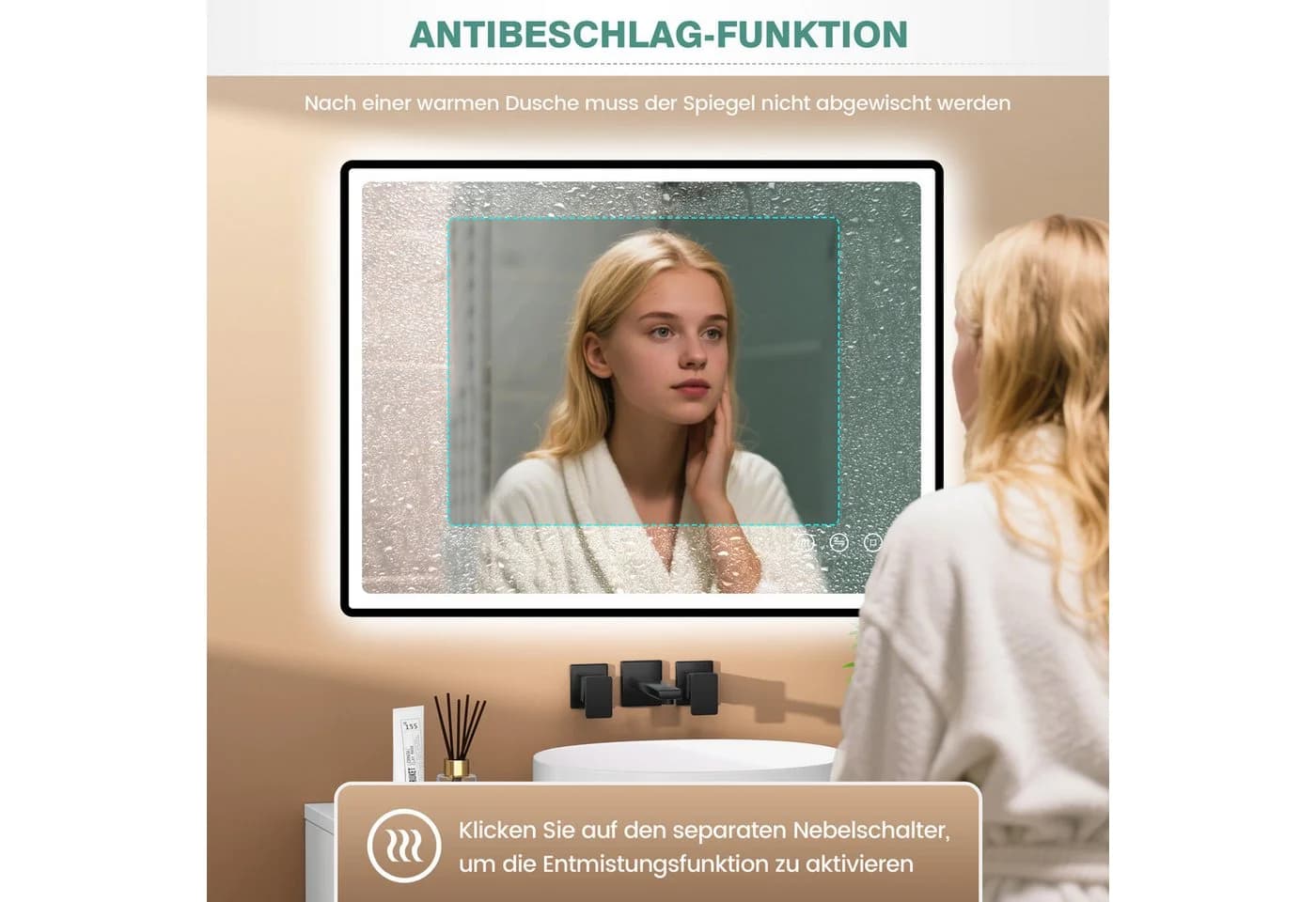 PESENXAN Badspiegel mit Beleuchtung 80 x 60 cm Schwarz LED Badezimmerspiegel - Bild 5