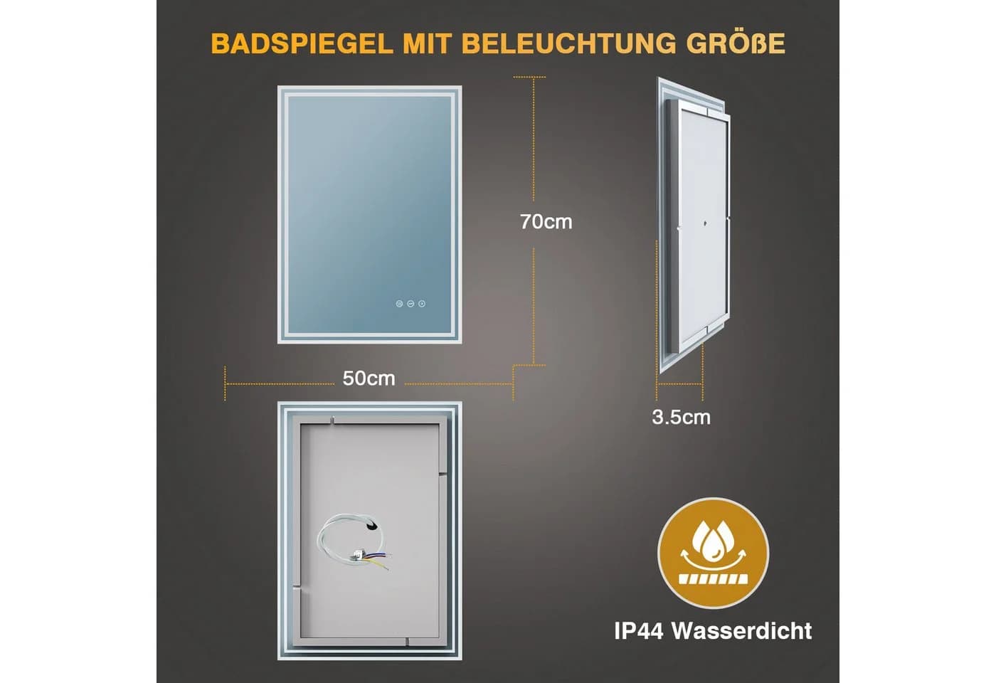PESENXAN Badspiegel mit Beleuchtung LED Spiegel Silber 50x70cm