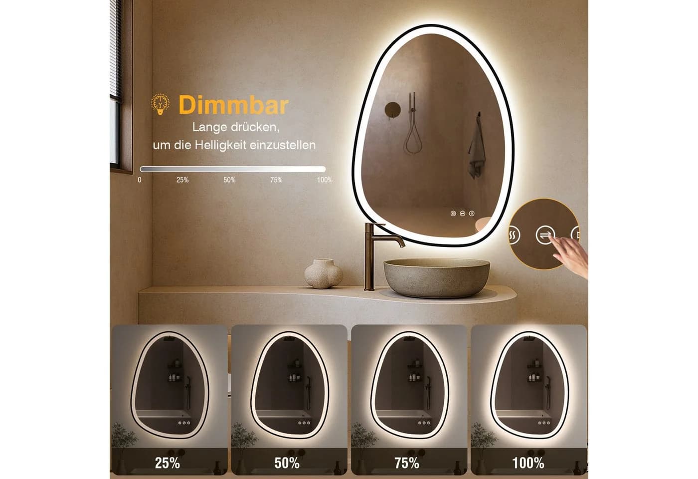PESENXAN Badspiegel Asymmetrisch LED Dimmbar 3 Lichtfarben Schwarz - Bild 4